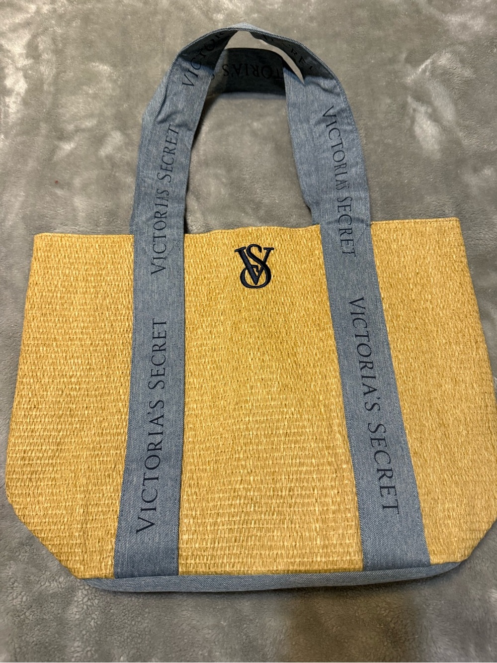 Victoria's Secret Straw Tote Bag with Denim-Trim Handles - Yellow